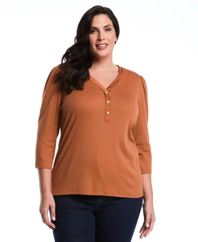 Rafaella Plus Size Plus Size 3/4 Puff Sleeve V-neck Top In Brown