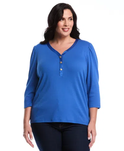 Rafaella Plus Size Plus Size 3/4 Puff Sleeve V-neck Top In Blue