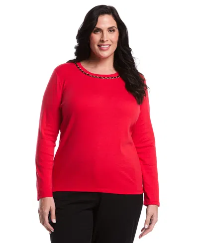 Rafaella Plus Size Plus Size Chain Neck Detail Long Sleeve Top In Red