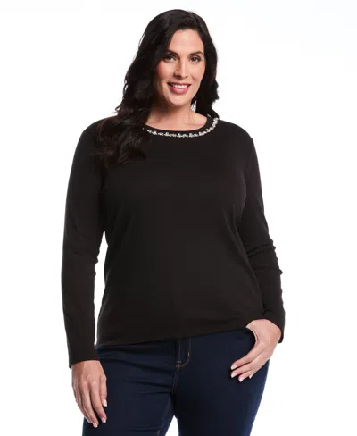 Rafaella Plus Size Plus Size Embellished Neck Long Sleeve Top In Black