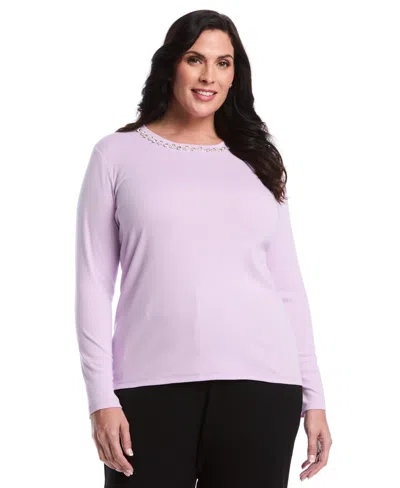 Rafaella Plus Size Plus Size Embellished Neck Long Sleeve Top In Pink