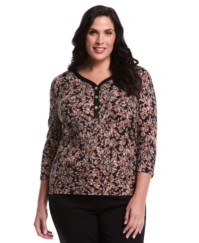 Rafaella Plus Size Plus Size Floral Print 3/4 Puff Sleeve V-neck Top In Black
