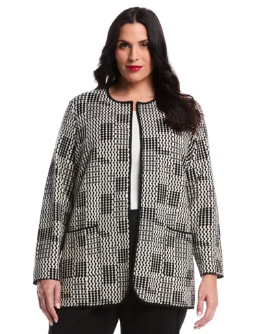 Rafaella Plus Size Plus Size Geo Patch Pocket Open Long Sleeve Cardigan In Black