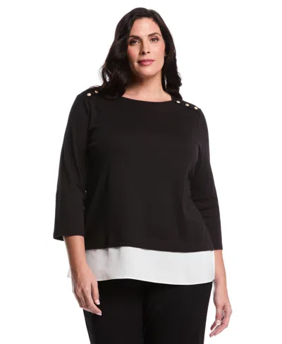 Rafaella Plus Size Plus Size Rivet Detail Mixed Media Layered 3/4 Sleeve Top In Black
