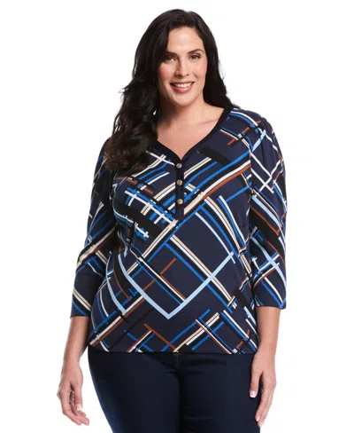Rafaella Plus Size Plus Size Tossed Stripe Print 3/4 Puff Sleeve V-neck Top In Blue