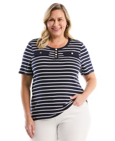 Rafaella Plus Size Plus Sizestriped Welt Pocket Button Detail Short Sleeve Top In Blue