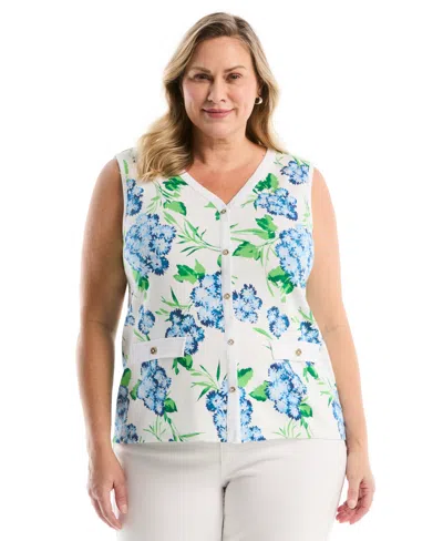 Rafaella Plus Size Pom Floral Print Button Front Sleeveless Tank Top In White