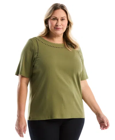 Rafaella Plus Size Pom Trim Detail Short-sleeve Top In Green