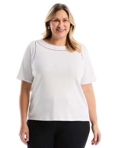 Rafaella Plus Size Pom Trim Detail Short-sleeve Top In White