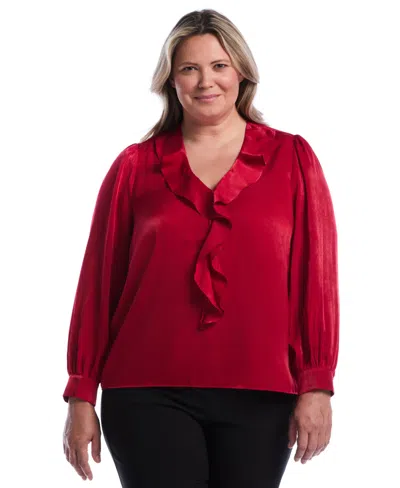 Rafaella Plus Size Puff-sleeve Ruffle V Blouse In Red