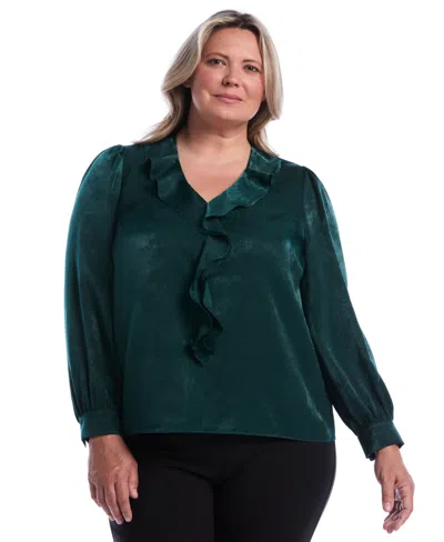 Rafaella Plus Size Puff-sleeve Ruffle V Blouse In Green