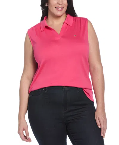 Rafaella Plus Size Ribbed V-neck Sleeveless Polo T-shirt In Raspberry