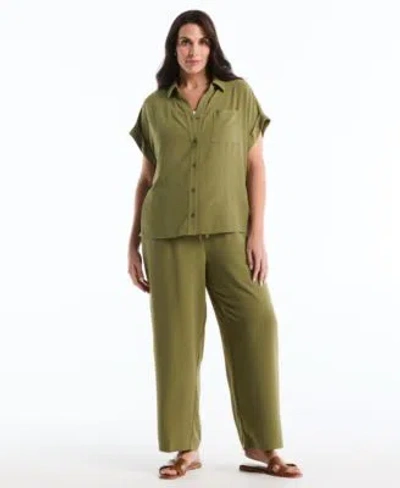 Rafaella Plus Size Roll Short Sleeve Shirt Drawstring Wide Leg Pants In Green
