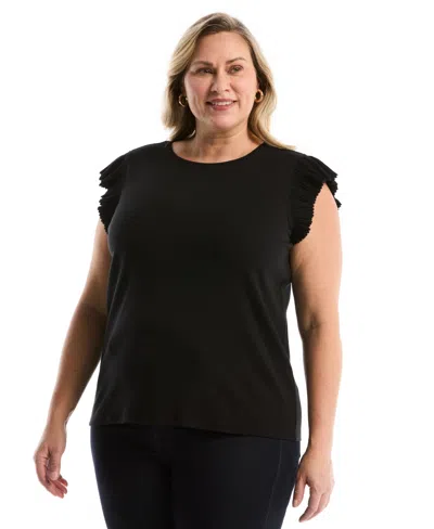 Rafaella Plus Size Ruffle Cap-sleeve Top In Black