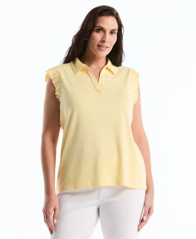 Rafaella Plus Size Ruffle Sleeveless Collared Polo T-shirt In Yellow
