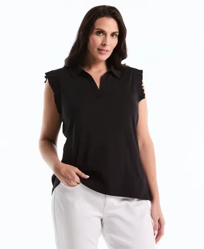 Rafaella Plus Size Ruffle Sleeveless Collared Polo T-shirt In Black