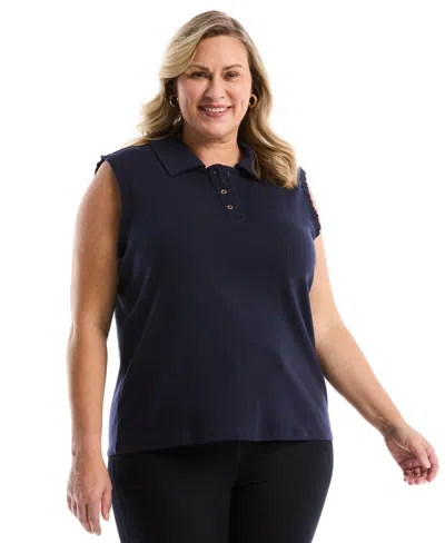 Rafaella Plus Size Ruffle Trim Sleeveless Polo Shirt In Blue