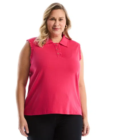 Rafaella Plus Size Ruffle Trim Sleeveless Polo Shirt In Pink