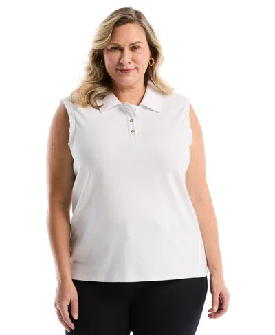 Rafaella Plus Size Ruffle Trim Sleeveless Polo Shirt In White