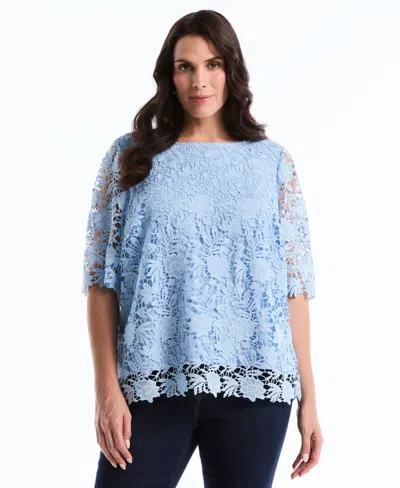 Rafaella Plus Size Scalloped Elbow-sleeve Jewel Neck Lace Top In Blue