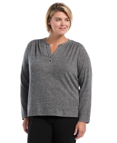 Rafaella Plus Size Shirred Split Neck Long Sleeve T-shirt In Gray