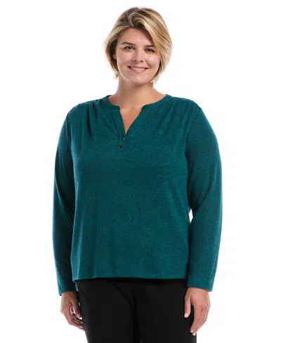 Rafaella Plus Size Shirred Split Neck Long Sleeve T-shirt In Green