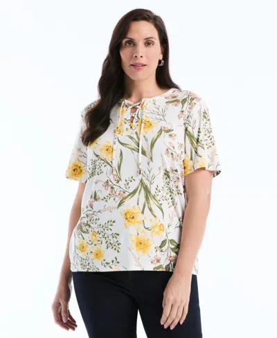 Rafaella Plus Size Short-sleeve Lace-up Top In Neutral