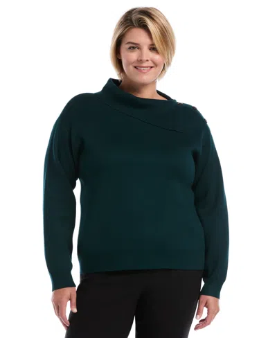 Rafaella Plus Size Split-neck Button Long-sleeve Sweater In Blue
