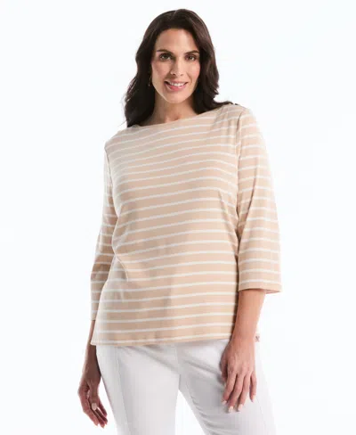 Rafaella Plus Size Stripe Boat Neck 3/4-length Sleeve Top In Pink