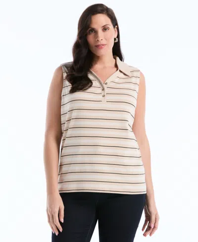 Rafaella Plus Size Stripe Sleeveless Polo Top In Neutral