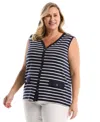 Rafaella Plus Size Striped Button Front Sleeveless Tank Top In Blue