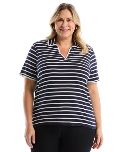 Rafaella Plus Size Striped Contrast Trim Johnny Collar Short Sleeve Polo Shirt In Blue