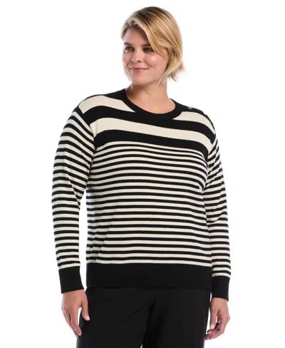 Rafaella Plus Size Striped Crewneck Ribbed Trim Pullover Sweater In Black