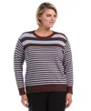 Rafaella Plus Size Striped Crewneck Ribbed Trim Pullover Sweater In Multi