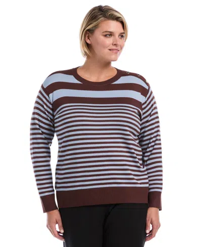 Rafaella Plus Size Striped Crewneck Ribbed Trim Pullover Sweater In Multi