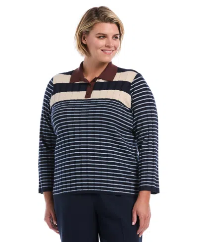 Rafaella Plus Size Striped Polo 3/4 Sleeve Sweater In Blue