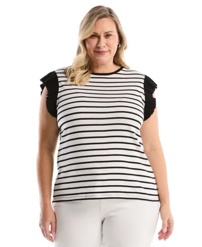 Rafaella Plus Size Striped Ruffle Cap-sleeve Top In White