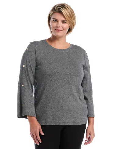 Rafaella Plus Size Stud-trim Rib-knit Long-sleeve Blouse In Gray