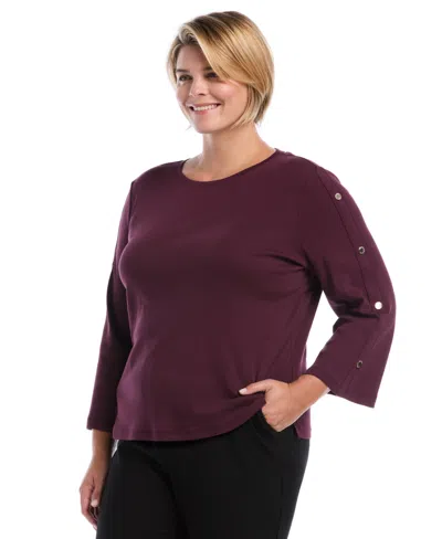 Rafaella Plus Size Stud-trim Rib-knit Long-sleeve Blouse In Purple