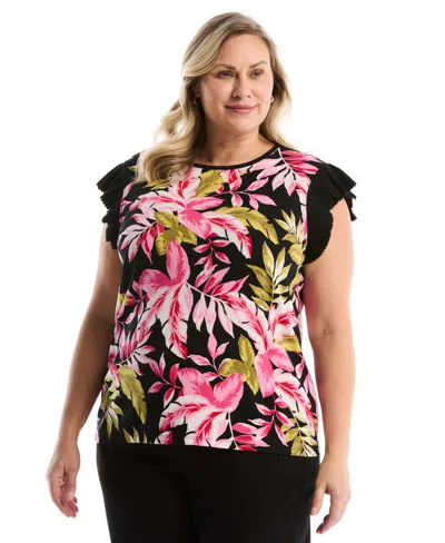 Rafaella Plus Size Tropical Print Ruffle Cap-sleeve Top In Black