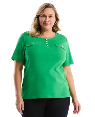 Rafaella Plus Size Welt Pocket Button Detail Short Sleeve Top In Green