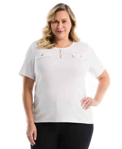 Rafaella Plus Size Welt Pocket Button Detail Short Sleeve Top In White