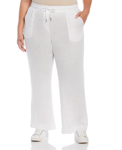 Rafaella Plus Size Wide Leg Drawstring Linen Pants In White