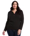 Rafaella Plus Size Woven Trim Split V-neck Long Sleeve Top In Black
