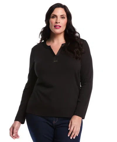 Rafaella Plus Size Woven Trim Split V-neck Long Sleeve Top In Black