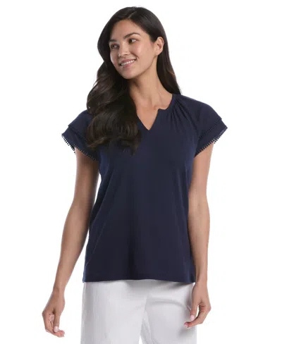 Rafaella Women's Petite Eyelet Flutter Sleeve Split Neck Short Sleeve Top In Blue
