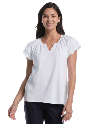 Rafaella Women's Petite Eyelet Flutter Sleeve Split Neck Short Sleeve Top In White