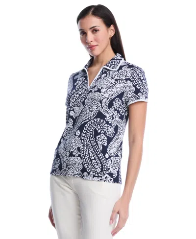 Rafaella Women's Petite Paisley Print Contrast Trim Johnny Collar Short Sleeve Polo Shirt In Multi