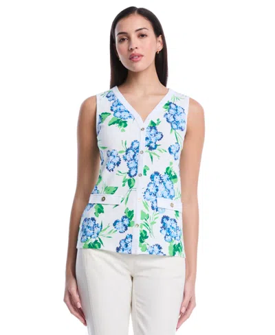 Rafaella Women's Petite Pom Floral Print Button Front Sleeveless Tank Top In Animal Print