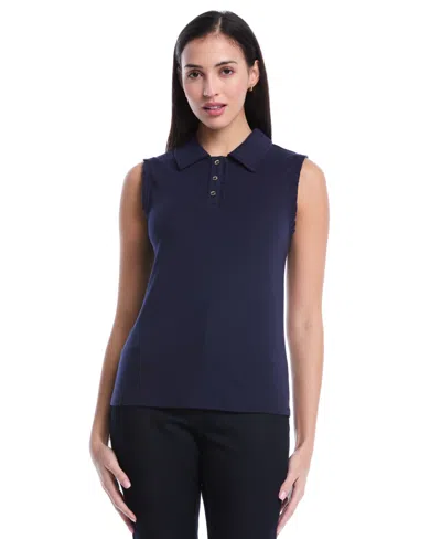 Rafaella Women's Petite Ruffle Trim Sleeveless Polo Shirt In Blue